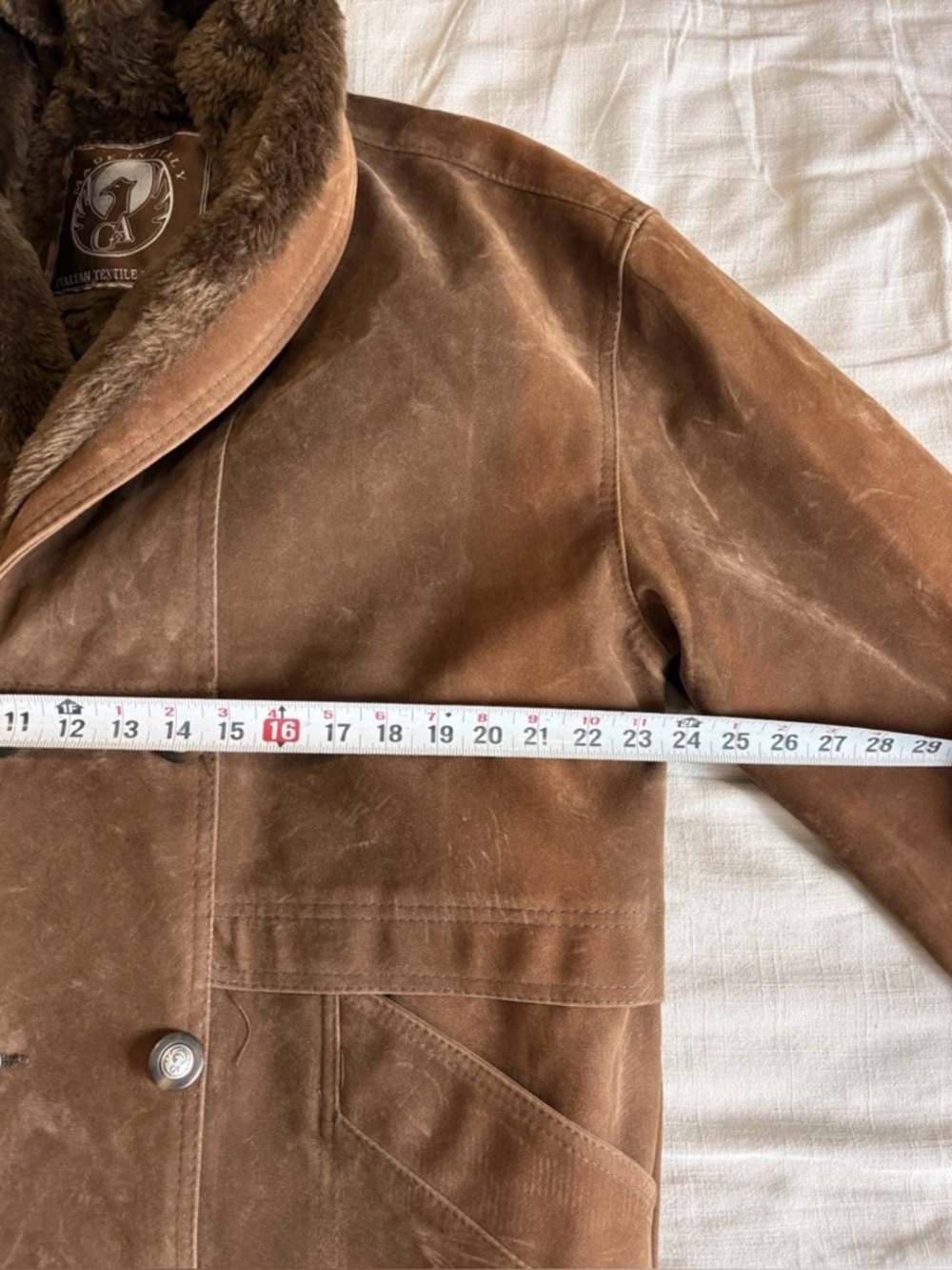 T. Shearling Men’s XL Brown Overcoat Button Shawl Collar Lined Pockets Mid - Picture 3 of 9